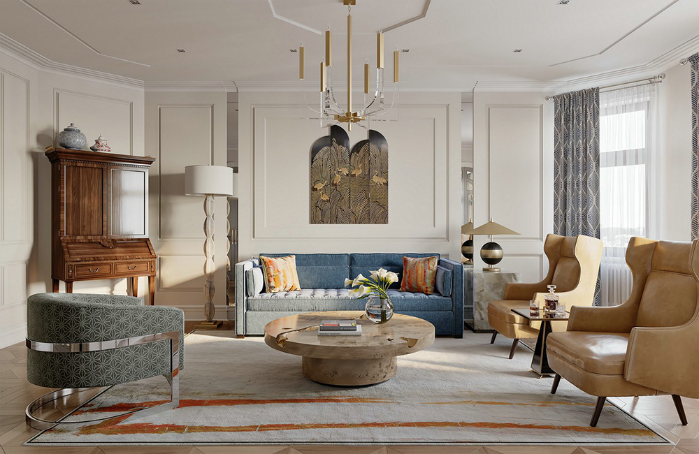 田園輕奢風格室內(nèi)裝修效果圖-碧桂園新仕界四居180平米-客廳