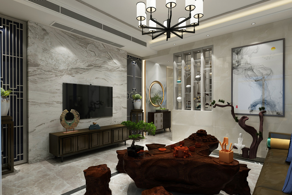 梧州市精通中央公園C區(qū)新中式風(fēng)格三居室裝修案例